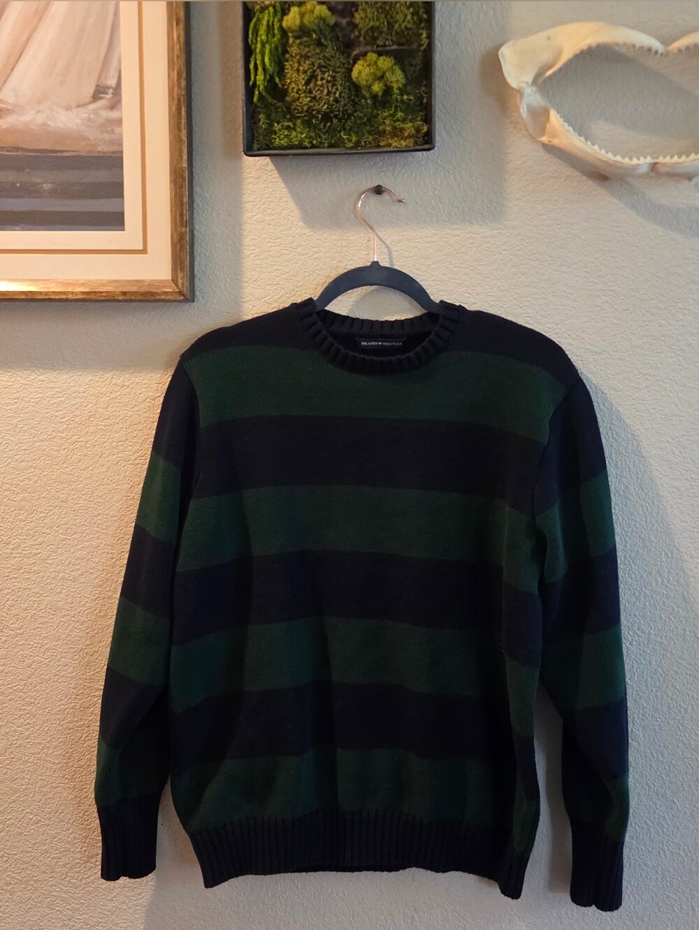 Brandy Melville Green and Black Striped Crewneck Sweater Size OS